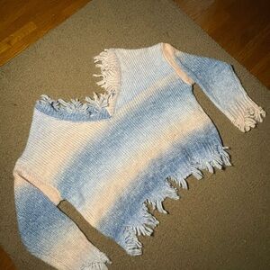 Fringe V-Neck Sweater - Blue and Cream